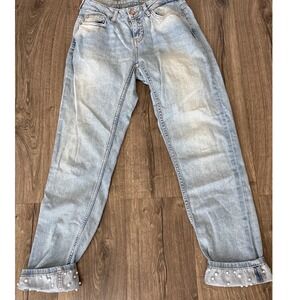 ZARA DENIM Pearl Embellished Pearl Cuffed Light‎ Wash Boyfriend MaMa Jeans Women